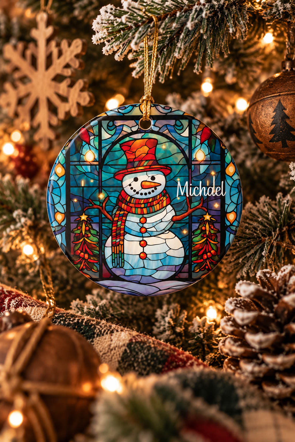 Personalized Stained Glass Snowman ornament on a decorated Christmas tree with red ribbon and warm lights, lifestyle photo