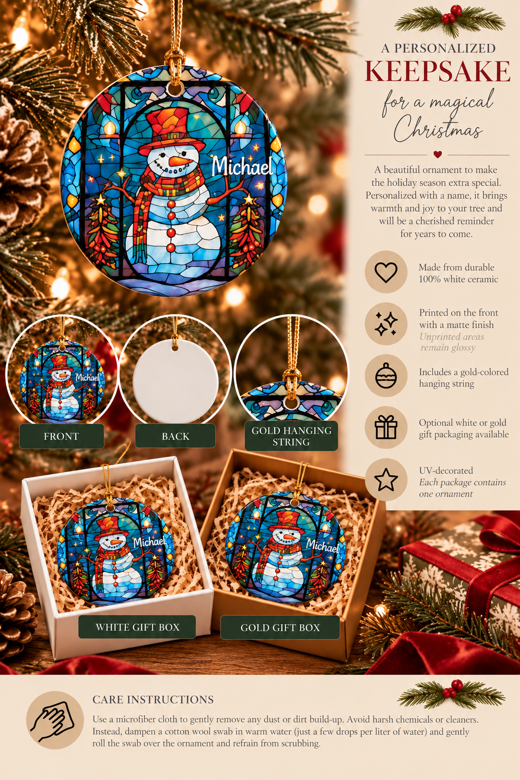 Personalized Stained Glass Snowman ornament infographic with features, gift packaging options and care instructions
