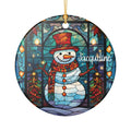 Personalized Stained Glass Snowman ornament with a colorful stained-glass snowman in a red top hat and scarf, front view