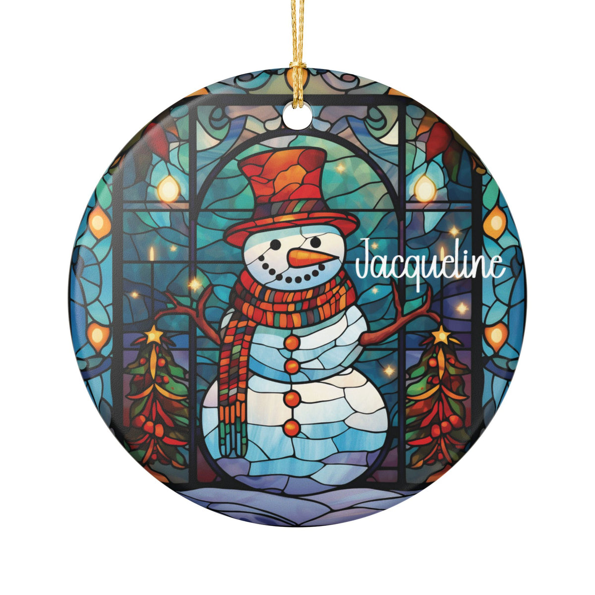 Personalized Stained Glass Snowman ornament with a colorful stained-glass snowman in a red top hat and scarf, front view