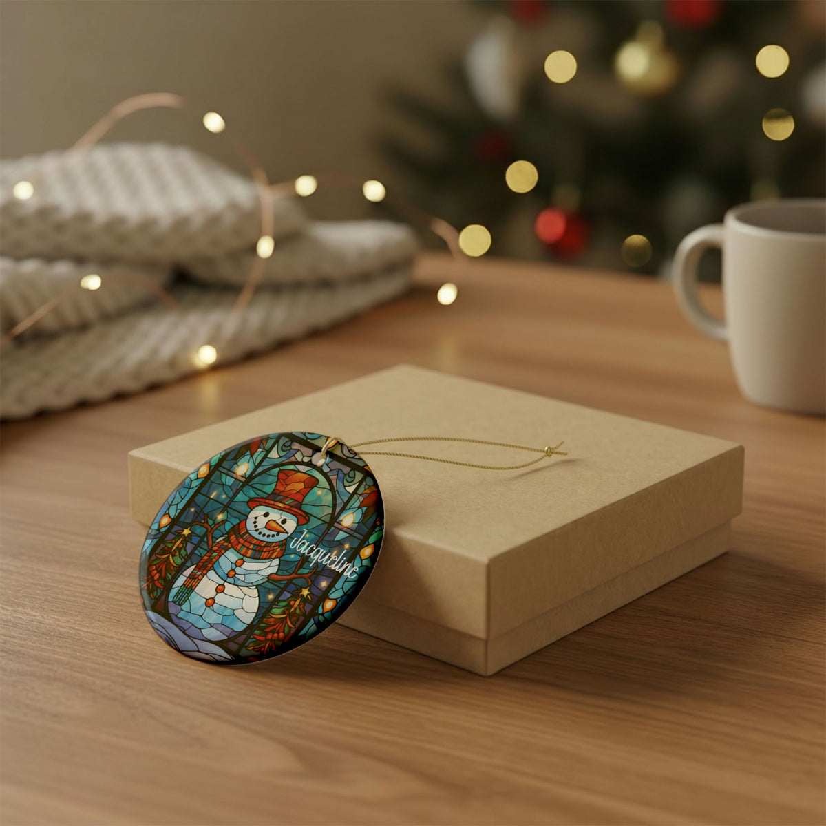 Personalized stained glass snowman ornament resting on a kraft gift box beside a mug and knit throw
