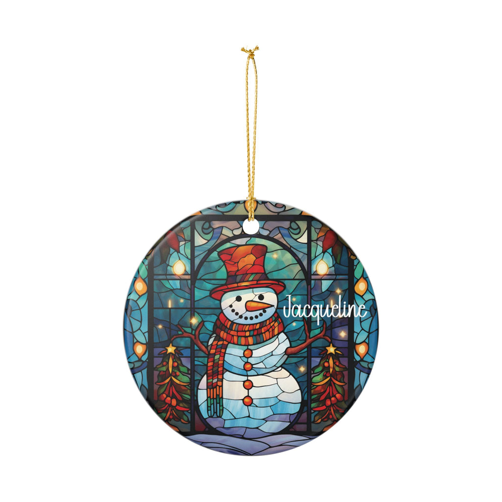 Personalized Stained Glass Snowman ornament hanging from its gold string