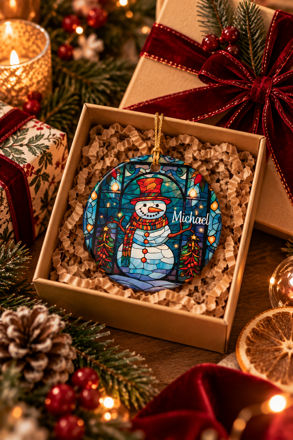 Stained Glass Snowman ornament nestled in a kraft gift box with crinkle paper, ready to give