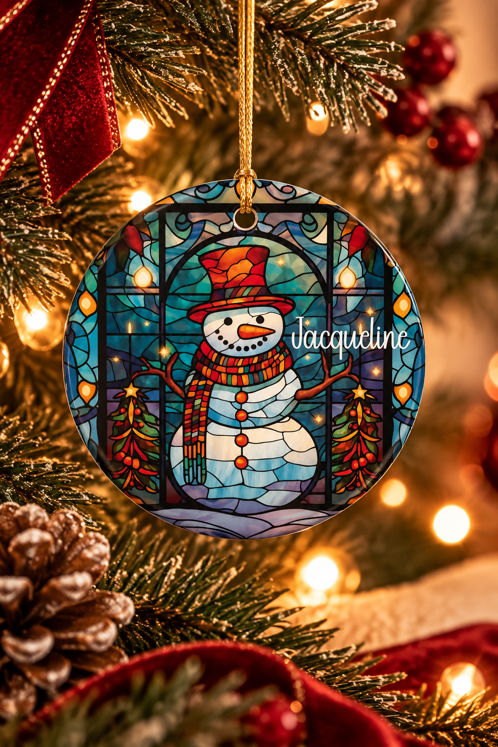 Stained Glass Snowman ornament close-up among gold baubles and pine on a festive Christmas tree