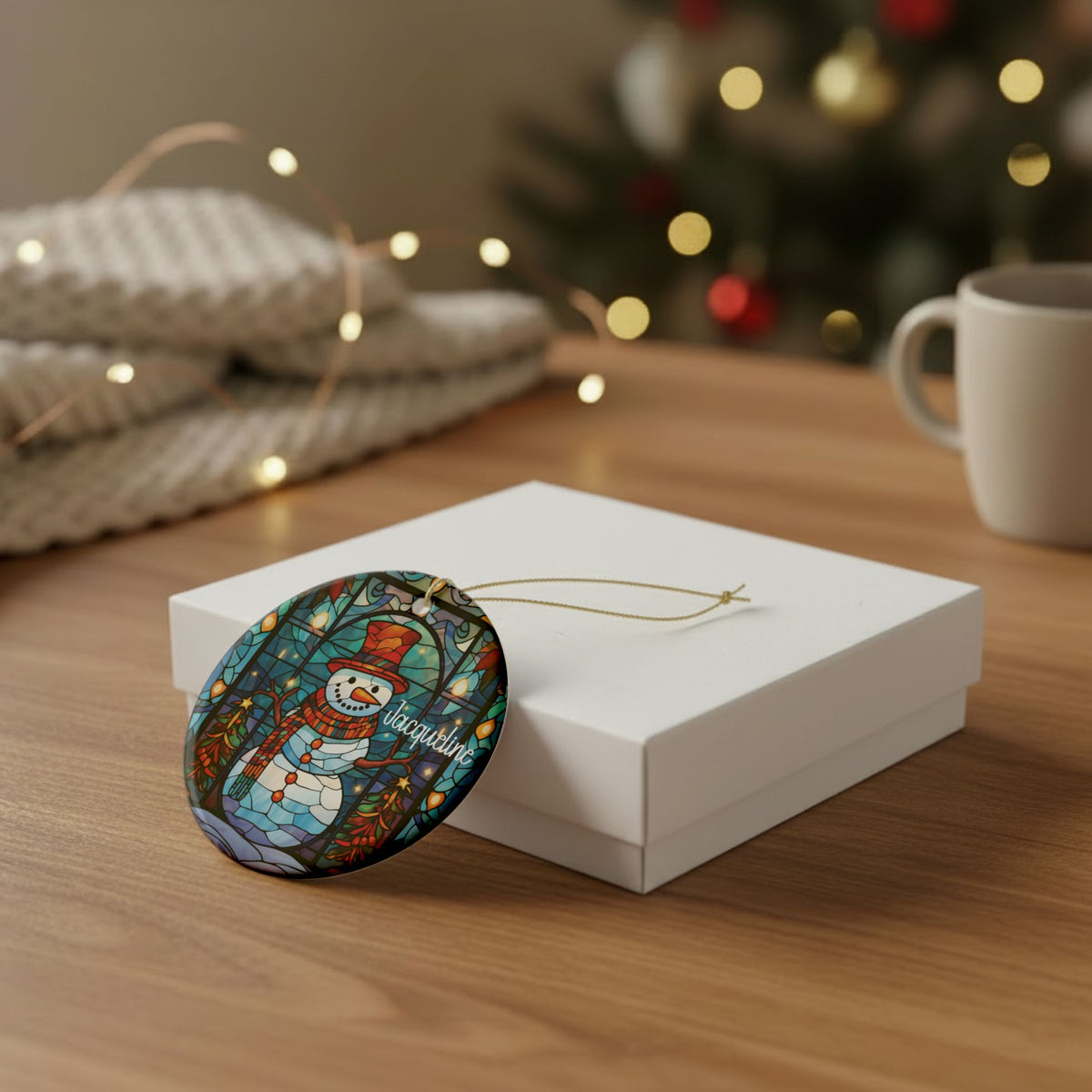 Stained Glass Snowman ornament leaning against a white gift box on a wooden table