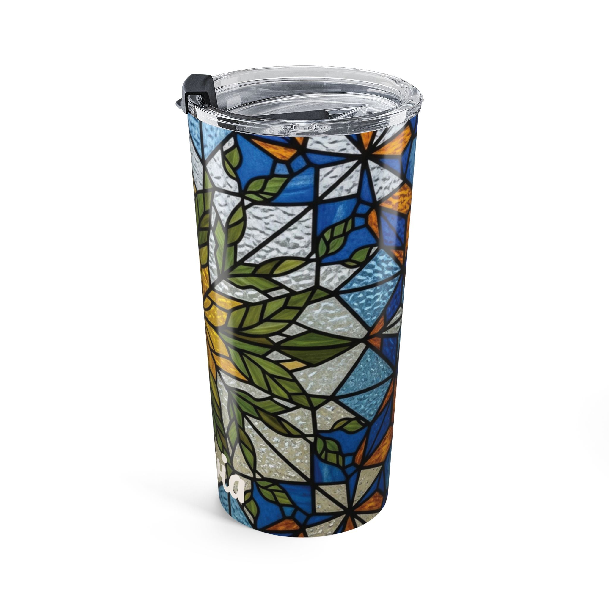 Personalized sunflower tumbler held in hand to show the custom name placement