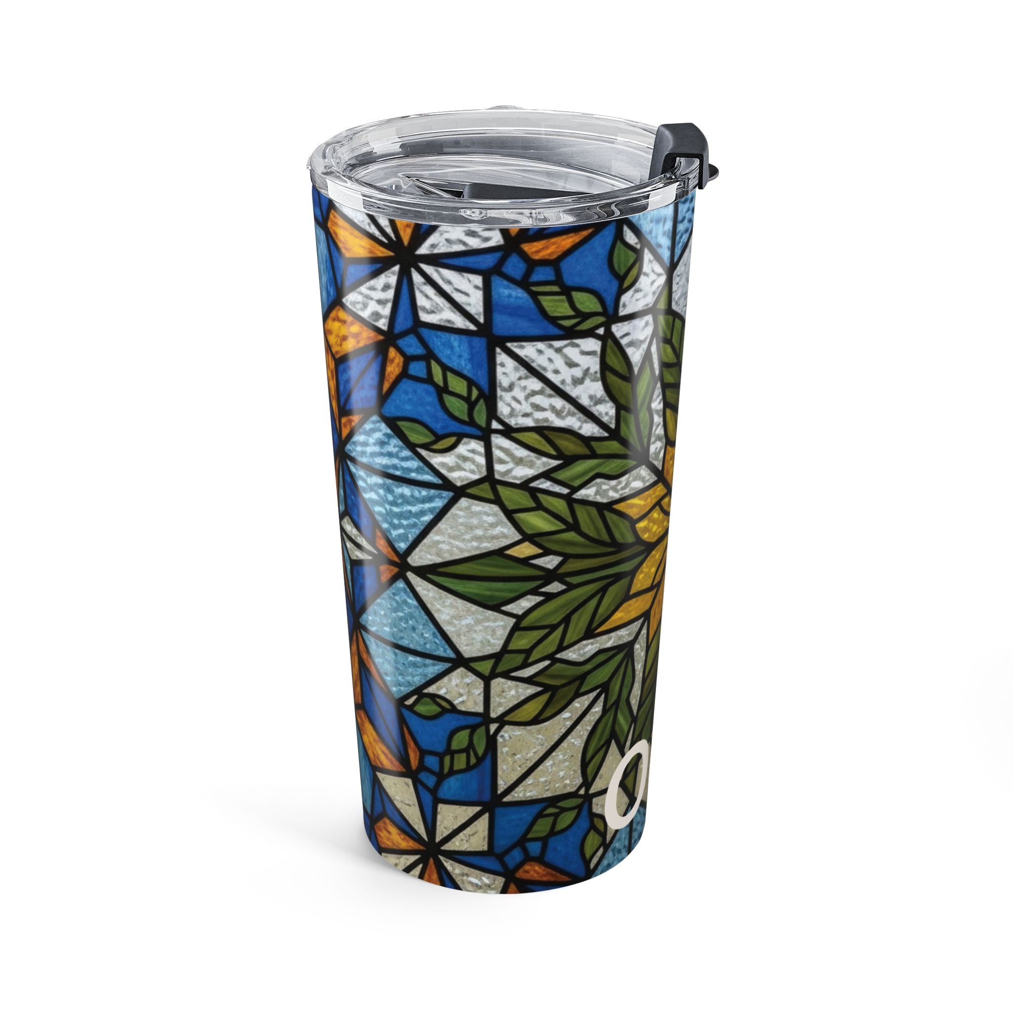 Close-up of the clear push-on lid on the sunflower stained glass tumbler
