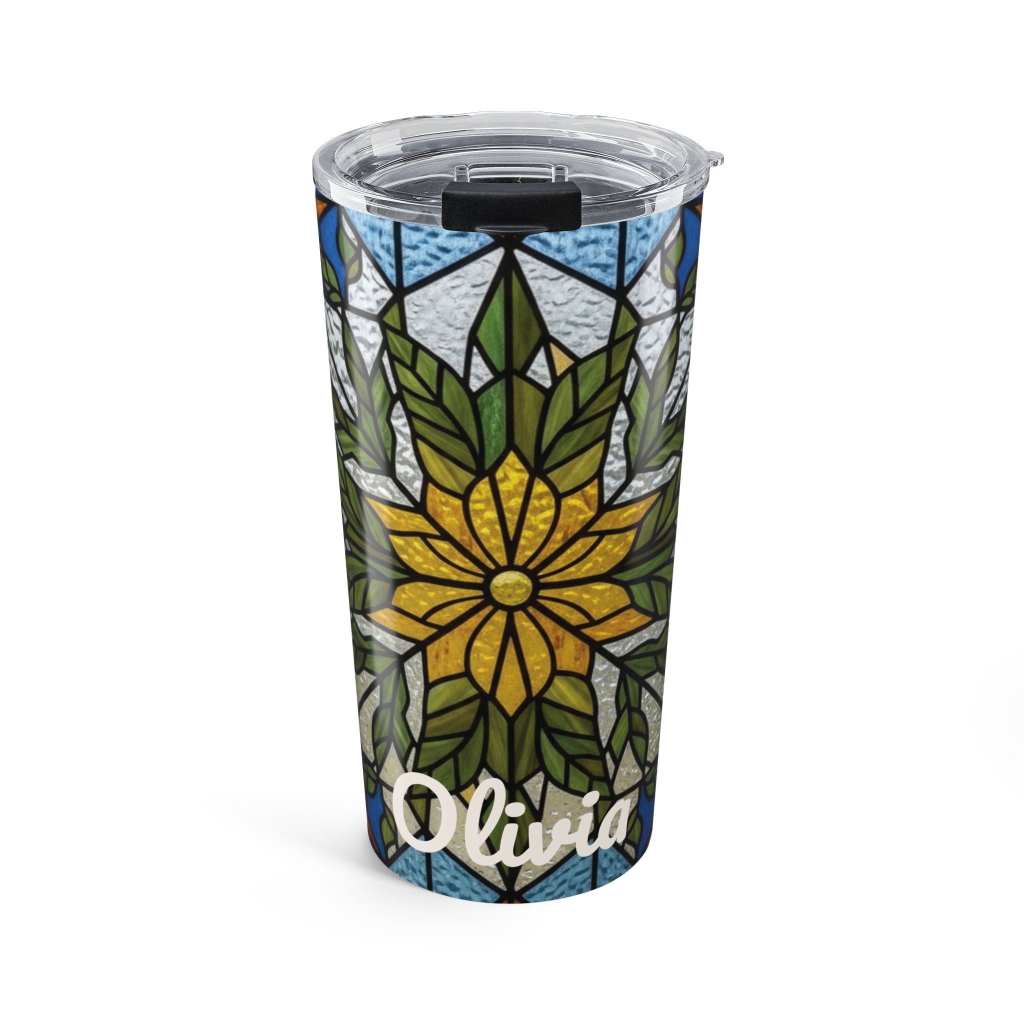 Personalized stained glass sunflower 20oz tumbler with a name in white script
