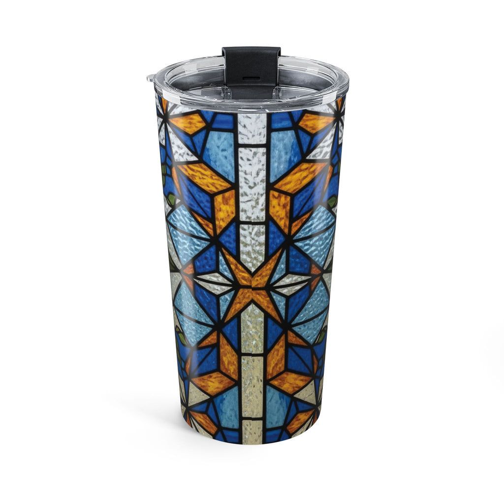 Side view of the stained glass sunflower tumbler showing the mosaic design wrapping around