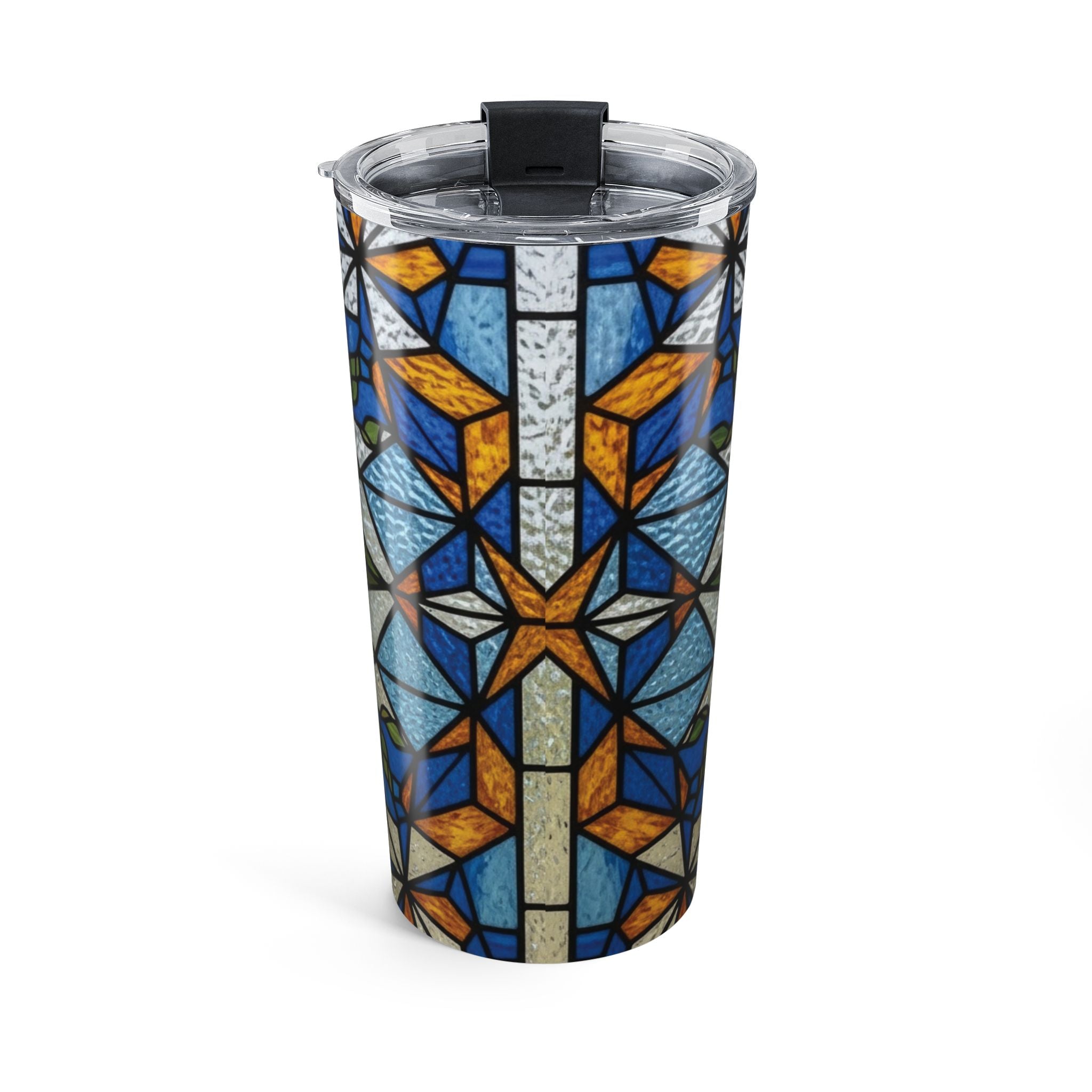 Side view of the stained glass sunflower tumbler showing the mosaic design wrapping around
