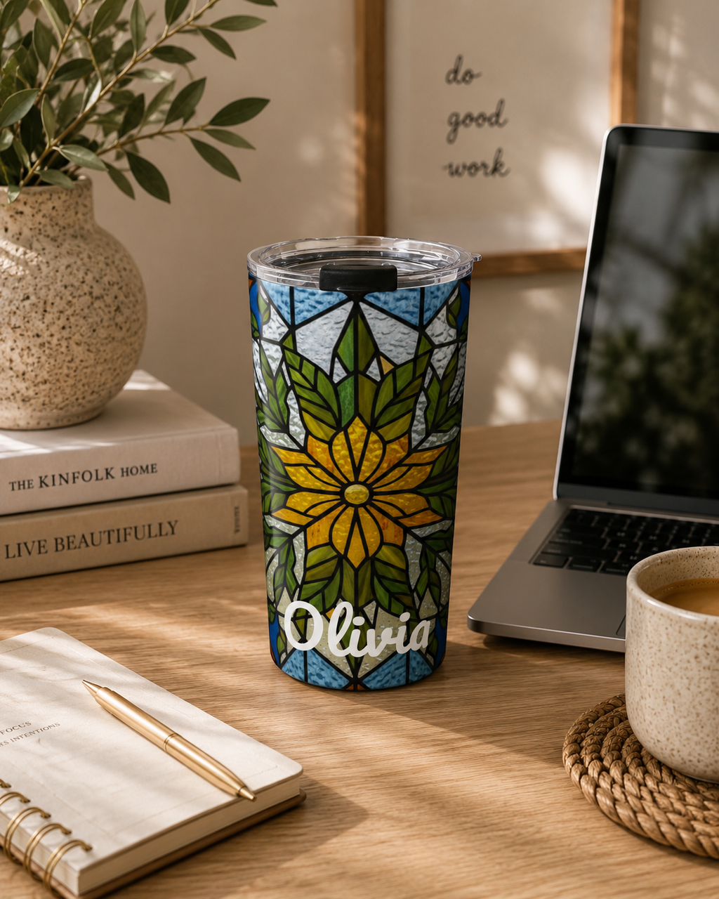 Stained glass sunflower tumbler styled in a bright lifestyle scene