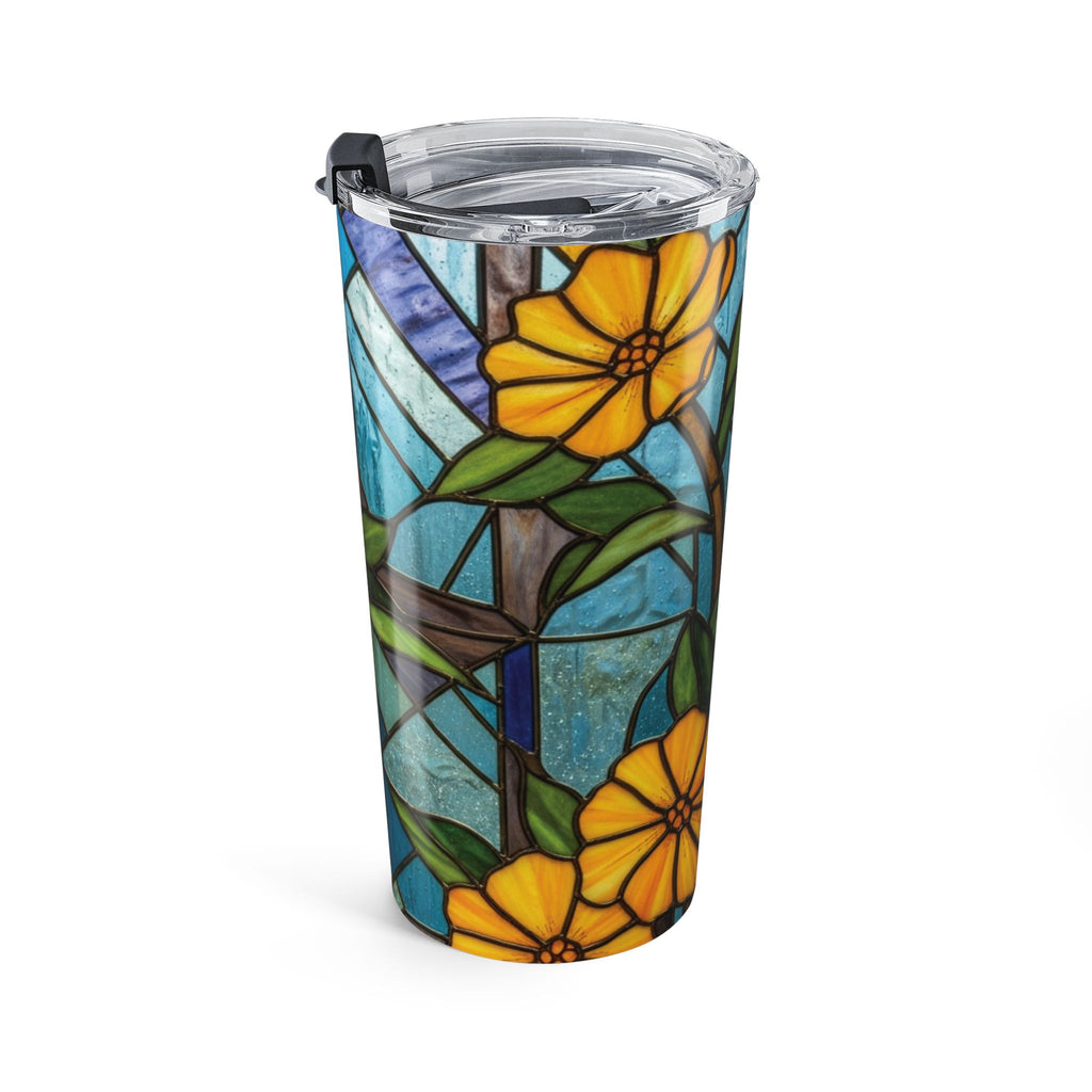Personalized stained glass floral tumbler held in hand to show the custom name