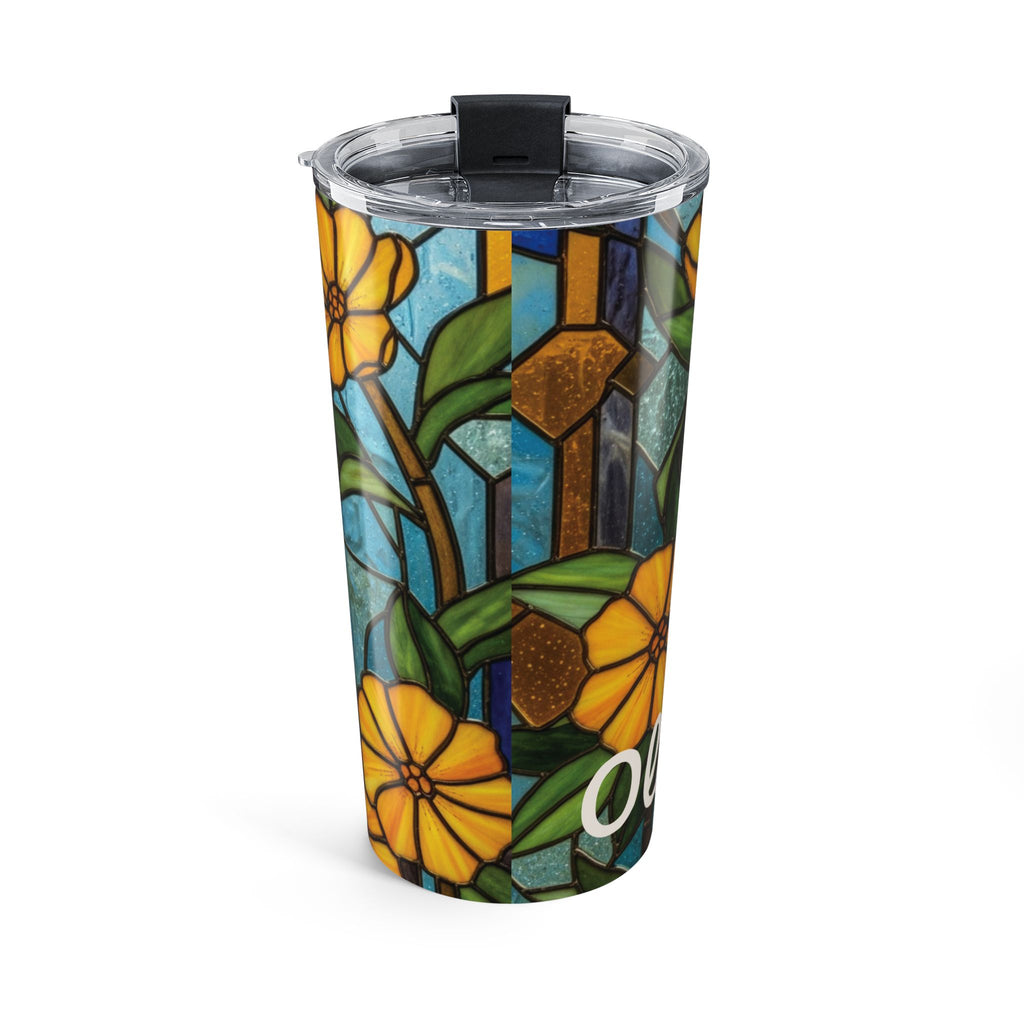 Close-up of the clear push-on lid on the stained glass floral tumbler