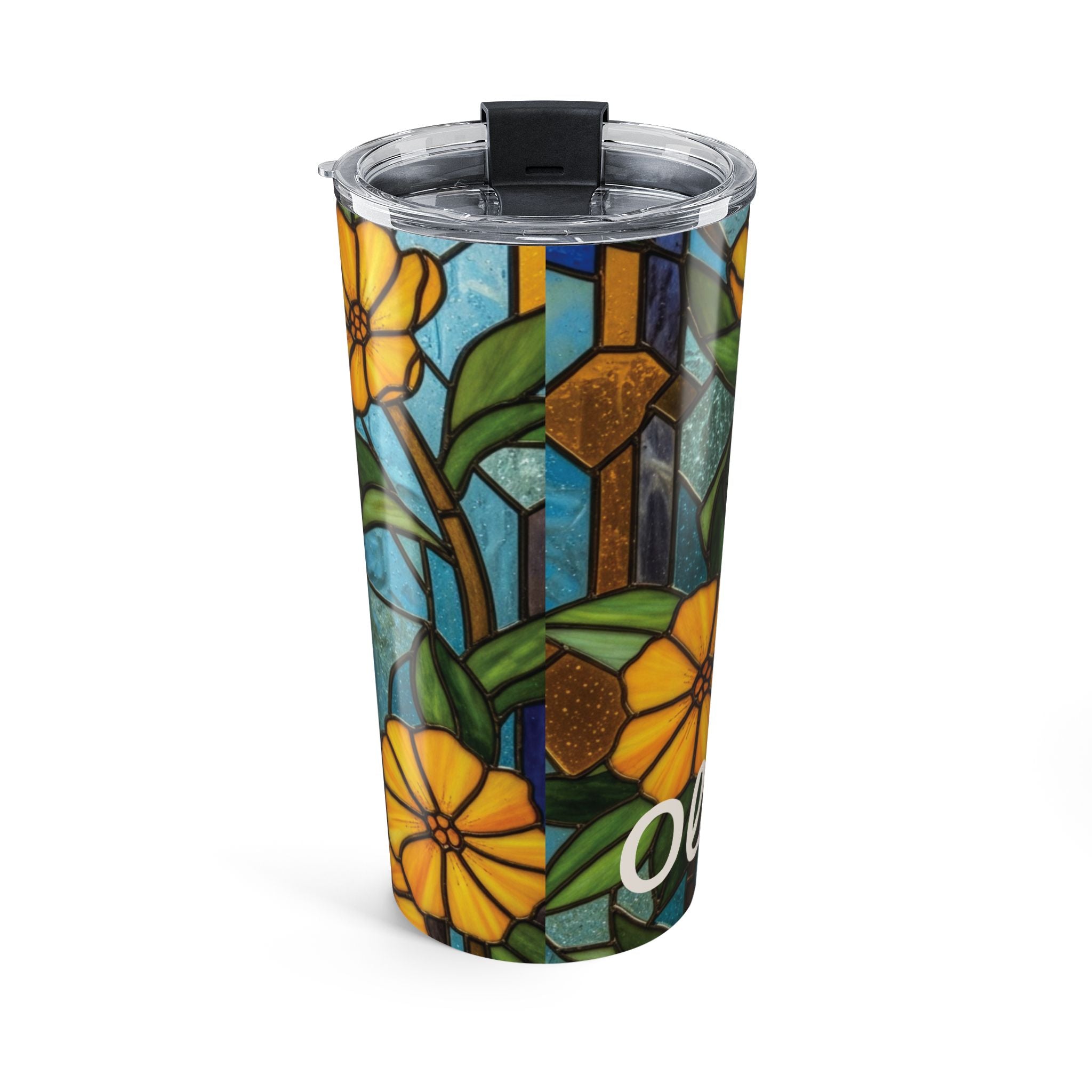 Close-up of the clear push-on lid on the stained glass floral tumbler