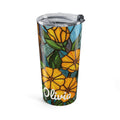 Personalized stained glass tumbler with yellow Tiffany-style flowers and a name in white script