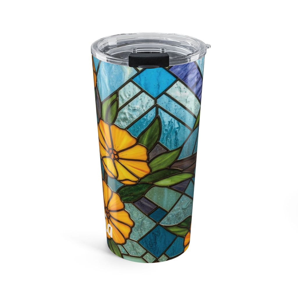 Side view of the stained glass floral tumbler showing the mosaic design wrapping around