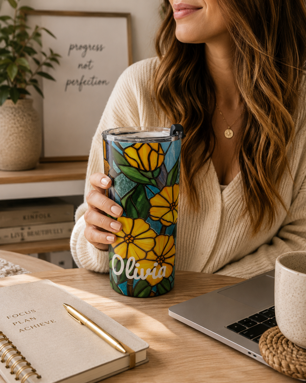 Stained glass floral tumbler styled in a warm lifestyle scene