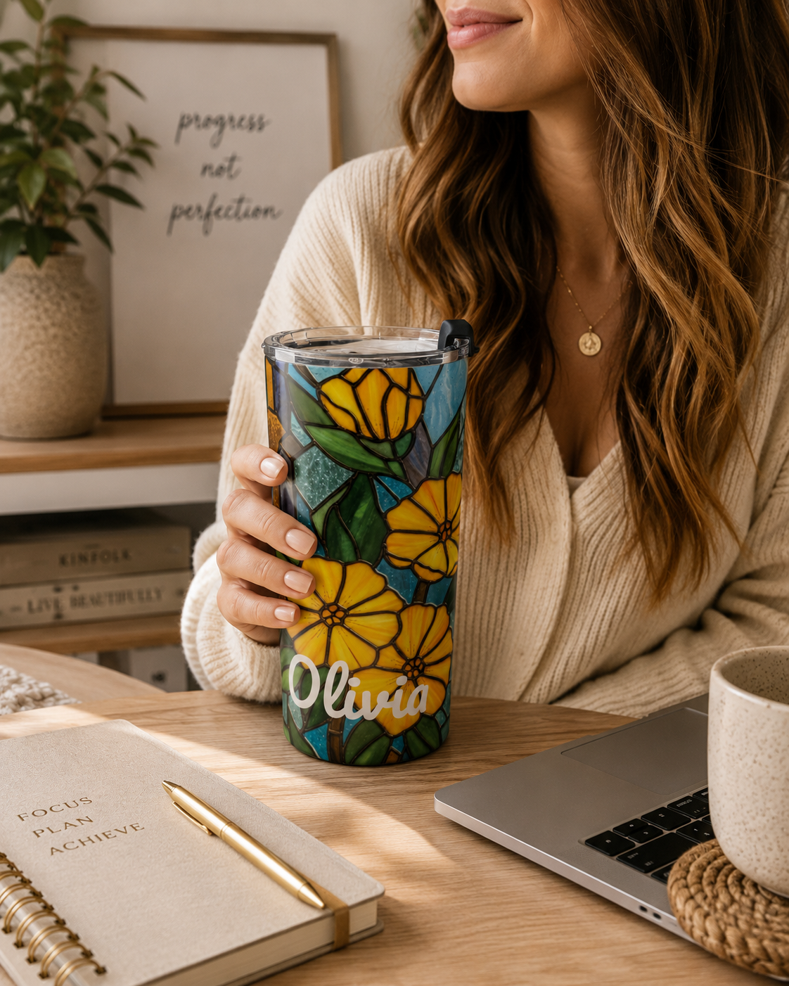 Stained glass floral tumbler styled in a warm lifestyle scene