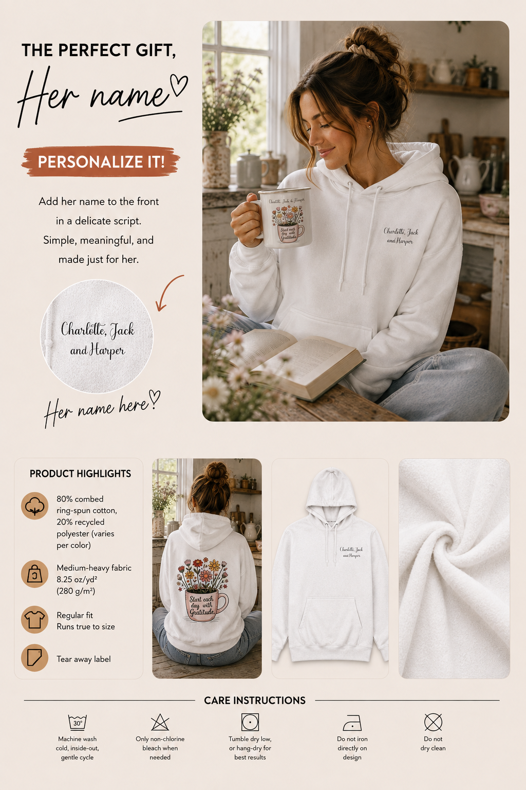 Product information graphic showing personalization placement, fabric details, and care instructions