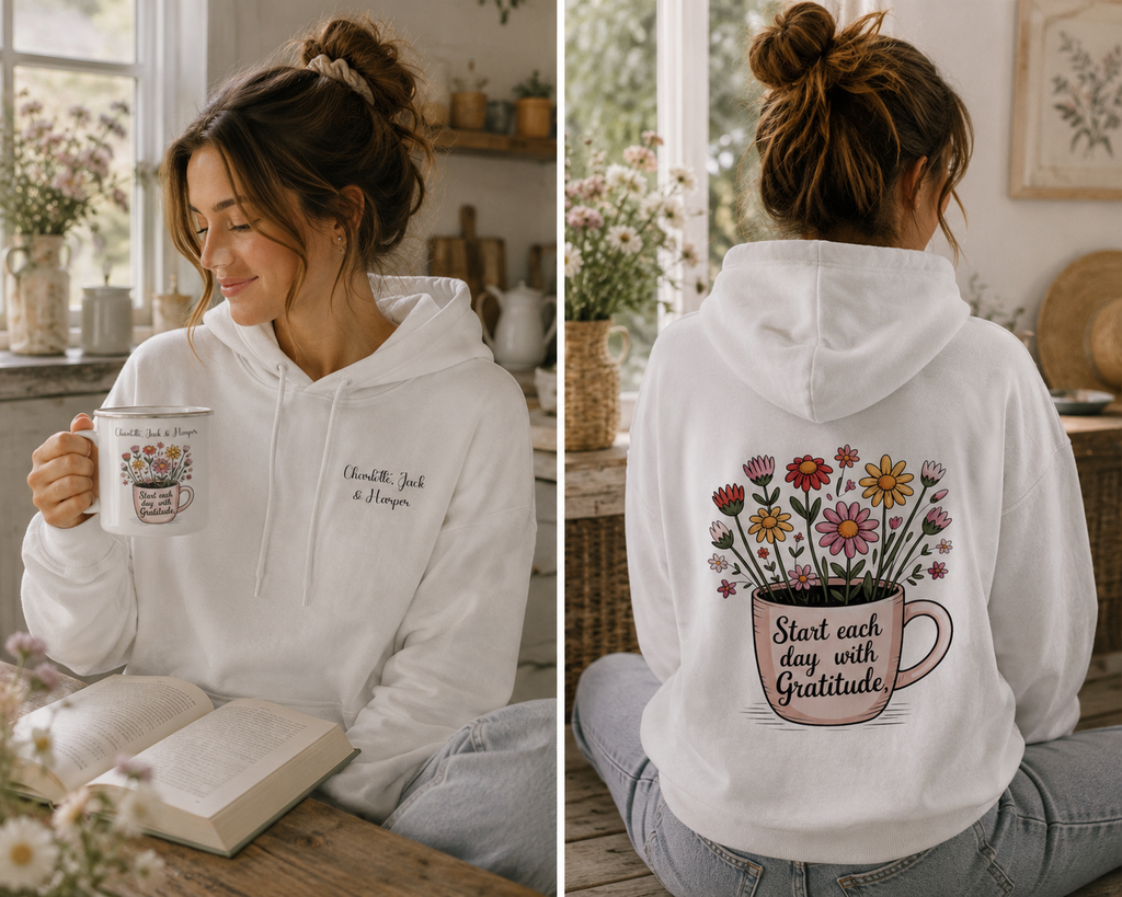 Family wearing the personalized hoodie, front view with names on the chest and back view showing the design