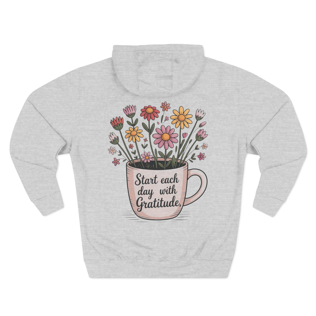 Front view of heather grey hoodie with customizable names embroidered on the chest