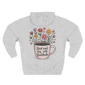 Front view of heather grey hoodie with customizable names embroidered on the chest