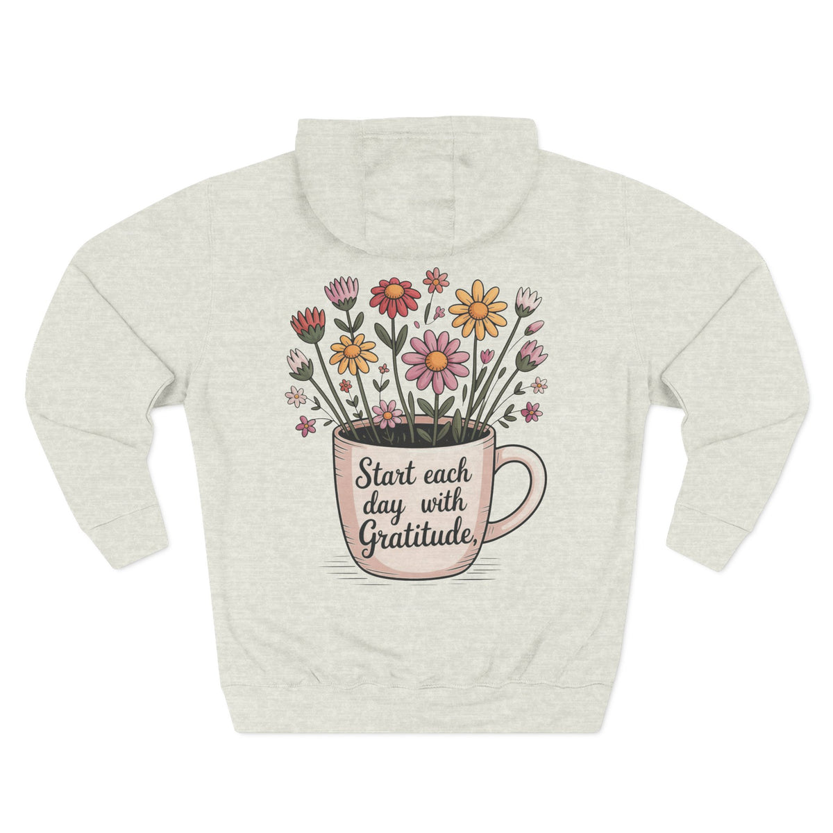 Front view of oatmeal heather hoodie with customizable names embroidered on the chest