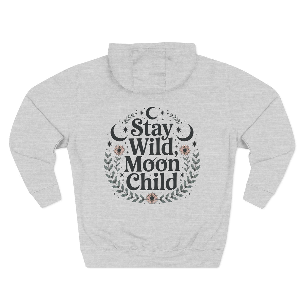 Heather grey personalized hoodie, back view, with “Stay Wild, Moon Child” design