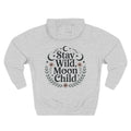 Heather grey personalized hoodie, back view, with “Stay Wild, Moon Child” design