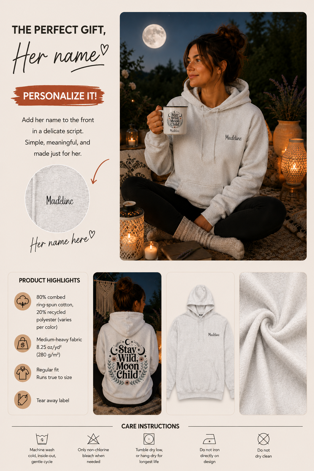 Product information graphic showing personalization placement, fabric details, and care instructions
