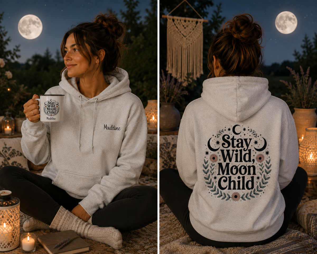 Woman wearing the personalized hoodie, front view with name on the chest and back view showing the design