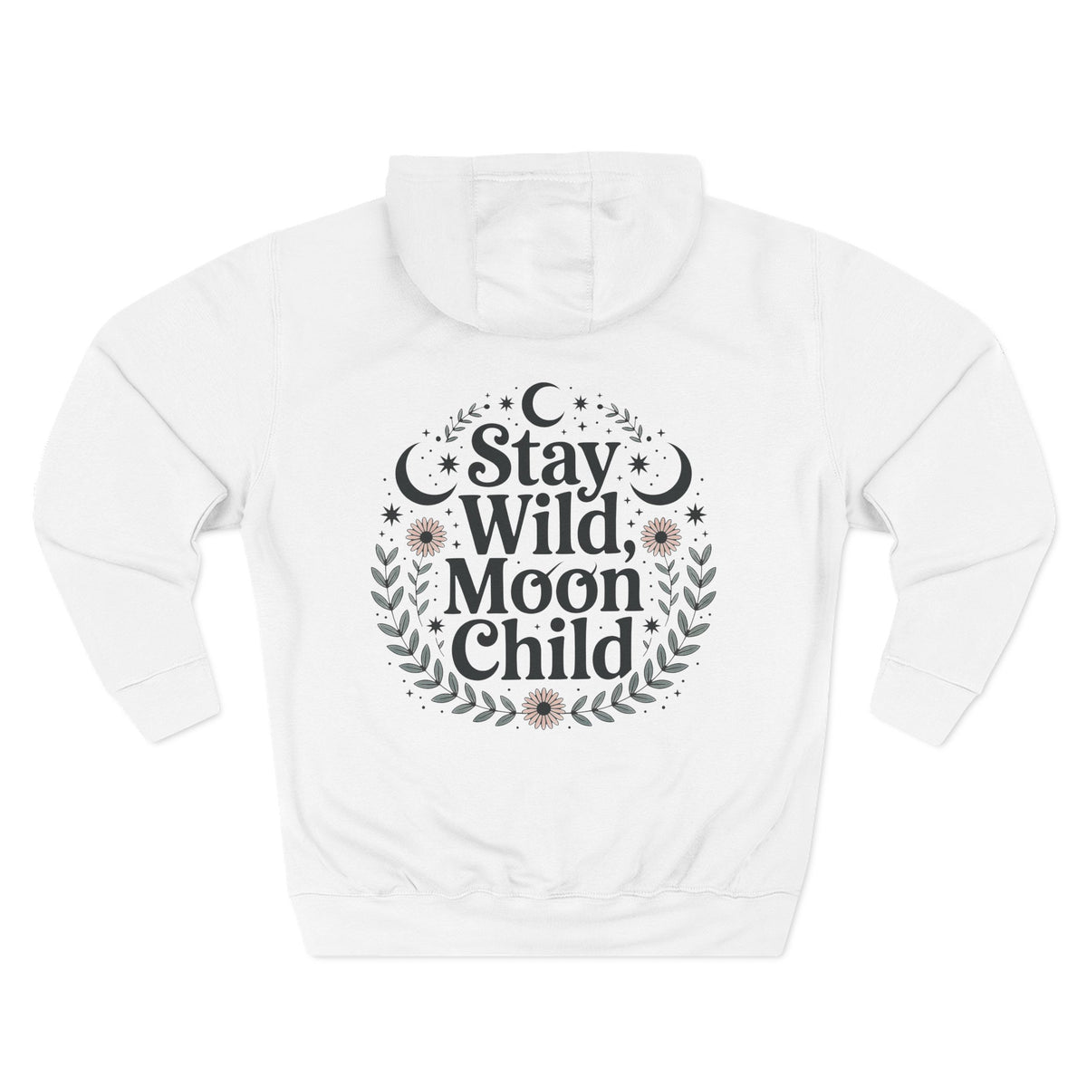 Front view of white hoodie with customizable name embroidered on the chest