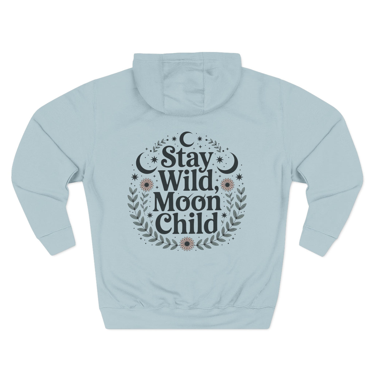 Front view of blue mist hoodie with customizable name embroidered on the chest