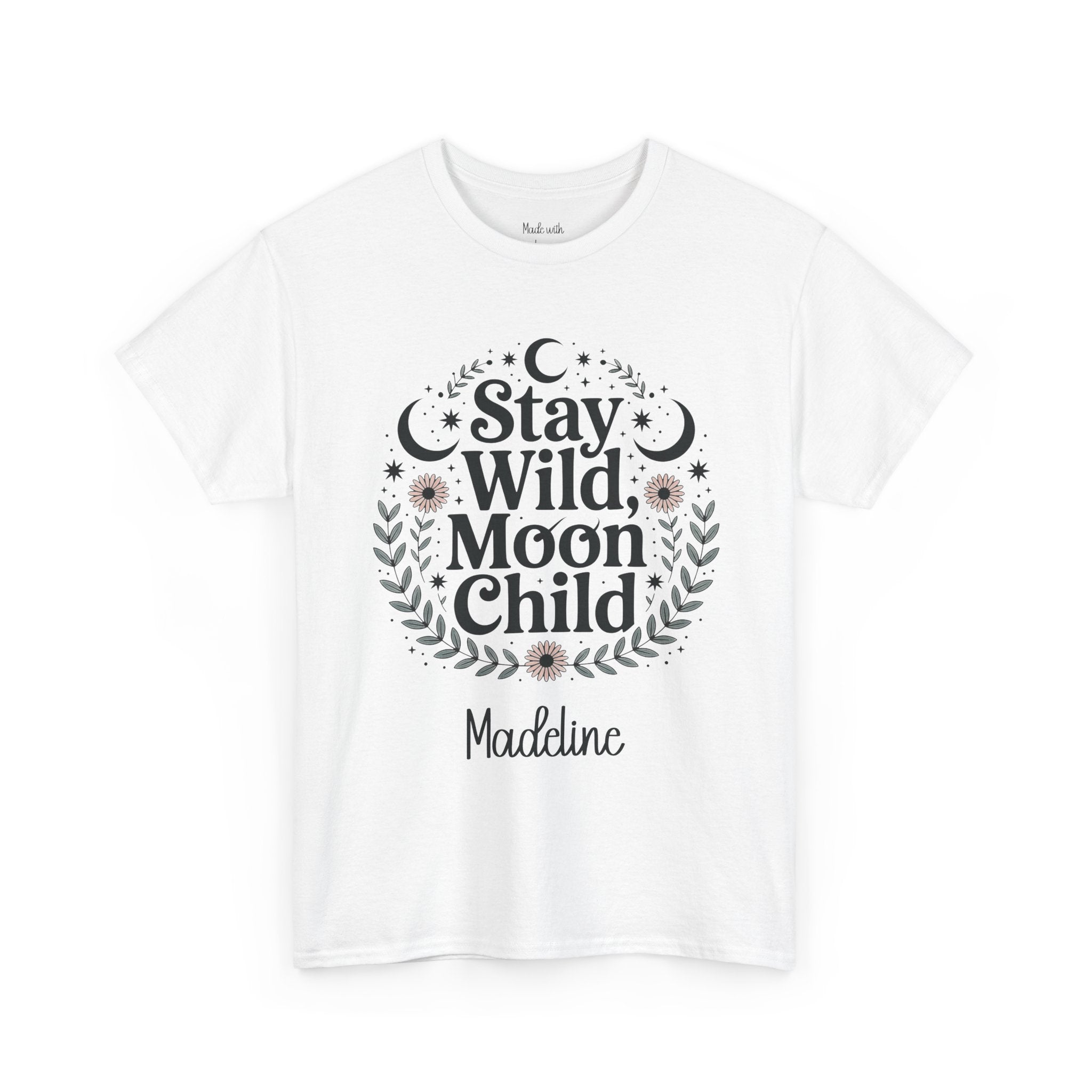 Stay Wild Moon Child personalized t-shirt with celestial design and name on the front