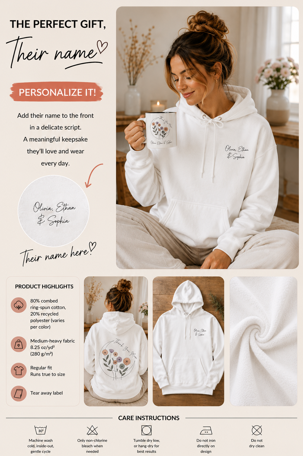 Product information graphic showing personalization placement, fabric details, and care instructions