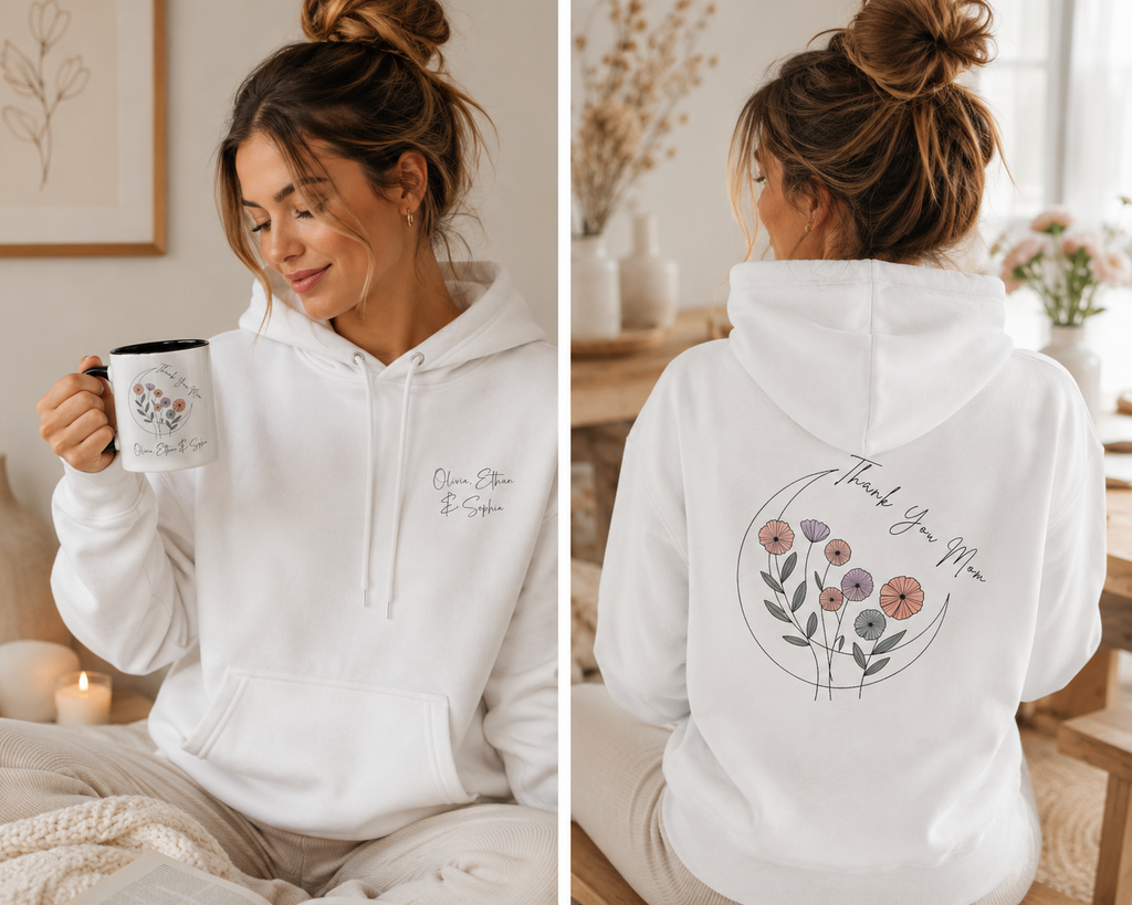 Woman wearing the personalized hoodie, front view with name on the chest and back view showing the design