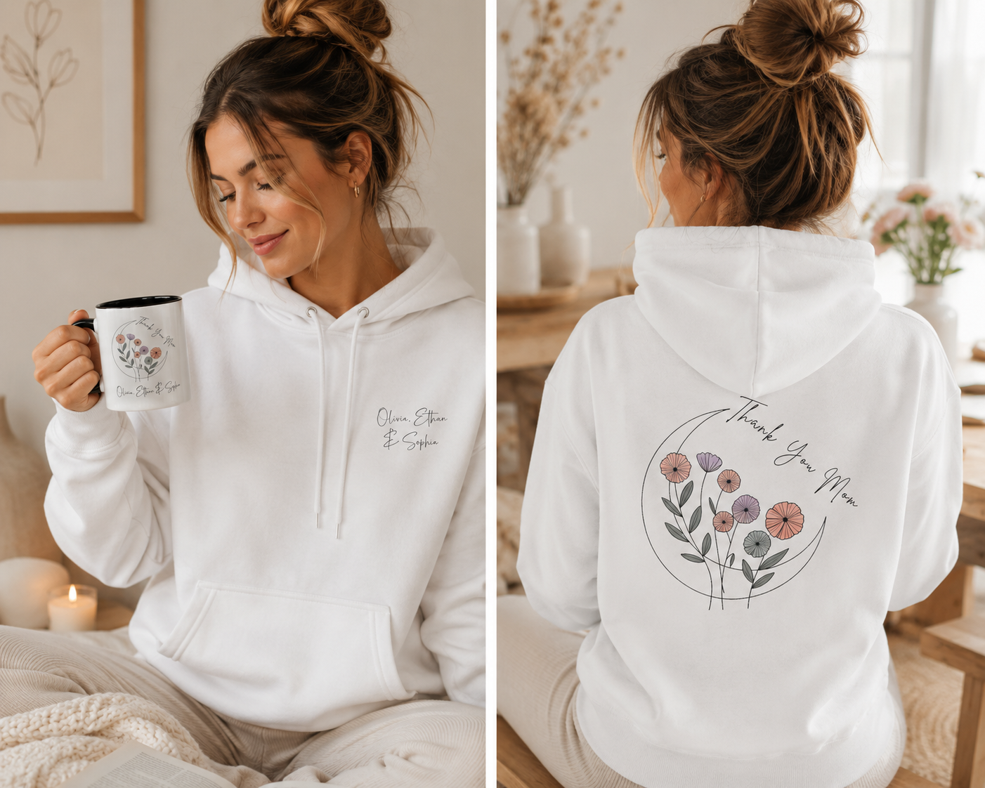 Woman wearing the personalized hoodie, front view with name on the chest and back view showing the design