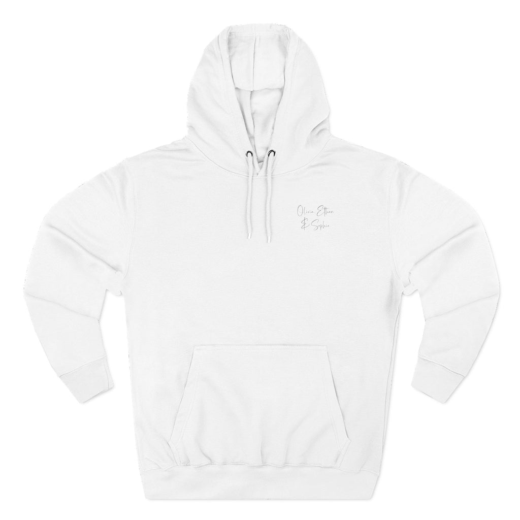 Front view of white hoodie with customizable name embroidered on the chest