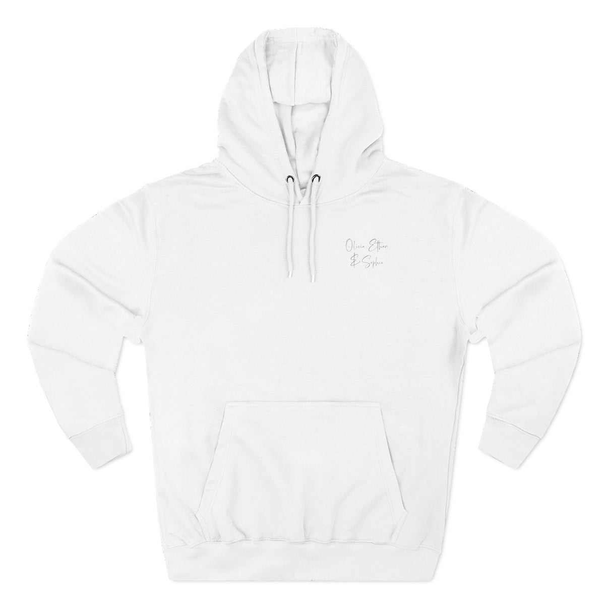 Front view of white hoodie with customizable name embroidered on the chest