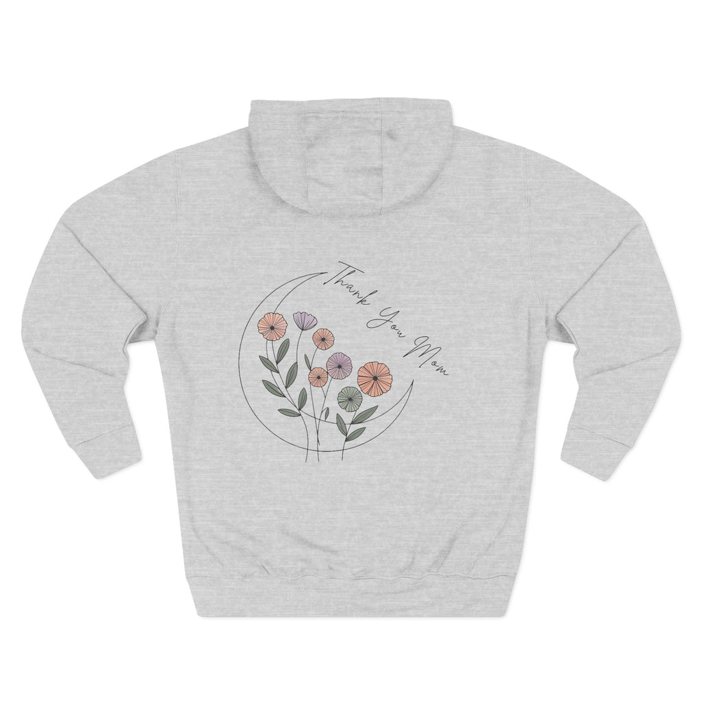 Front view of heather grey hoodie with customizable name embroidered on the chest