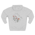 Front view of heather grey hoodie with customizable name embroidered on the chest