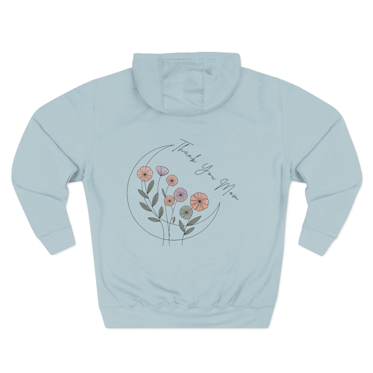 Front view of blue mist hoodie with customizable name embroidered on the chest