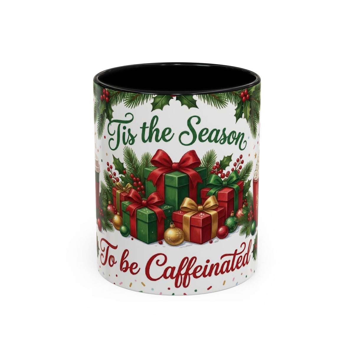 Black personalized Tis the Season to Be Caffeinated mug, 11oz, front view