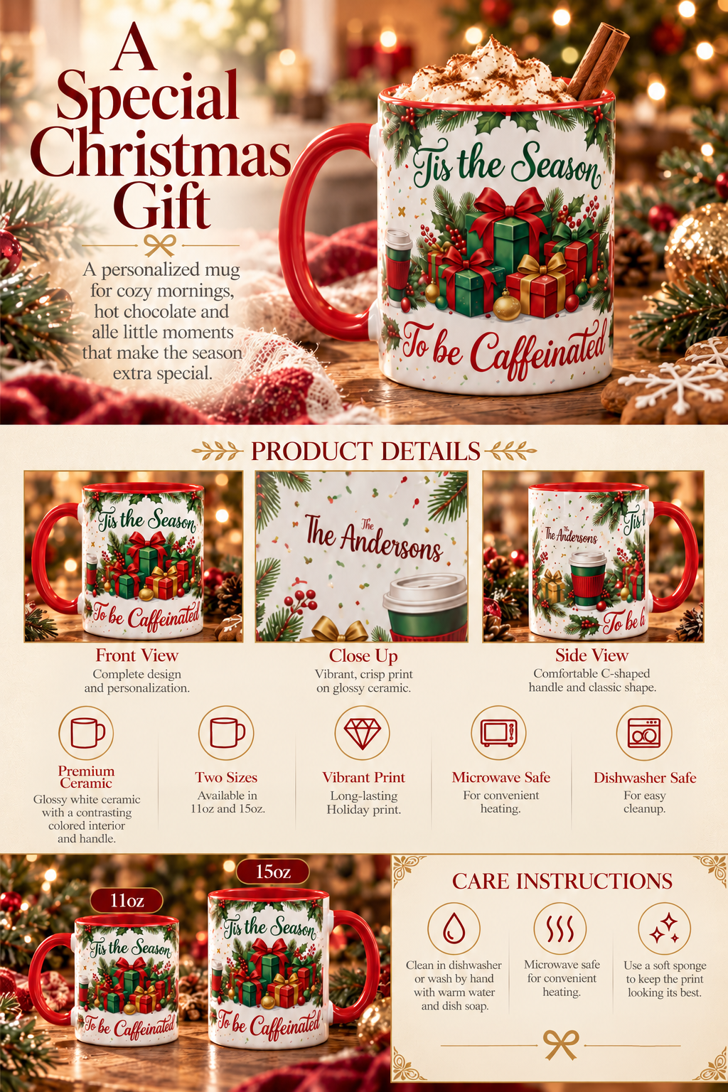 Personalized Tis the Season to Be Caffeinated mug infographic with sizes, features and care instructions