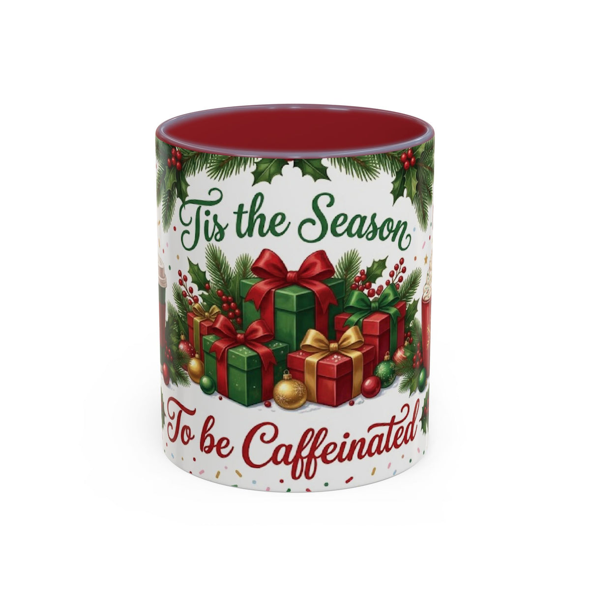 Maroon personalized Tis the Season to Be Caffeinated mug, 11oz, front view