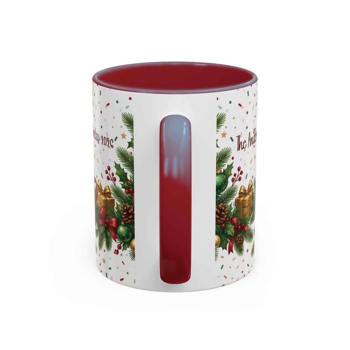 Maroon personalized Tis the Season to Be Caffeinated mug, 11oz, handle view