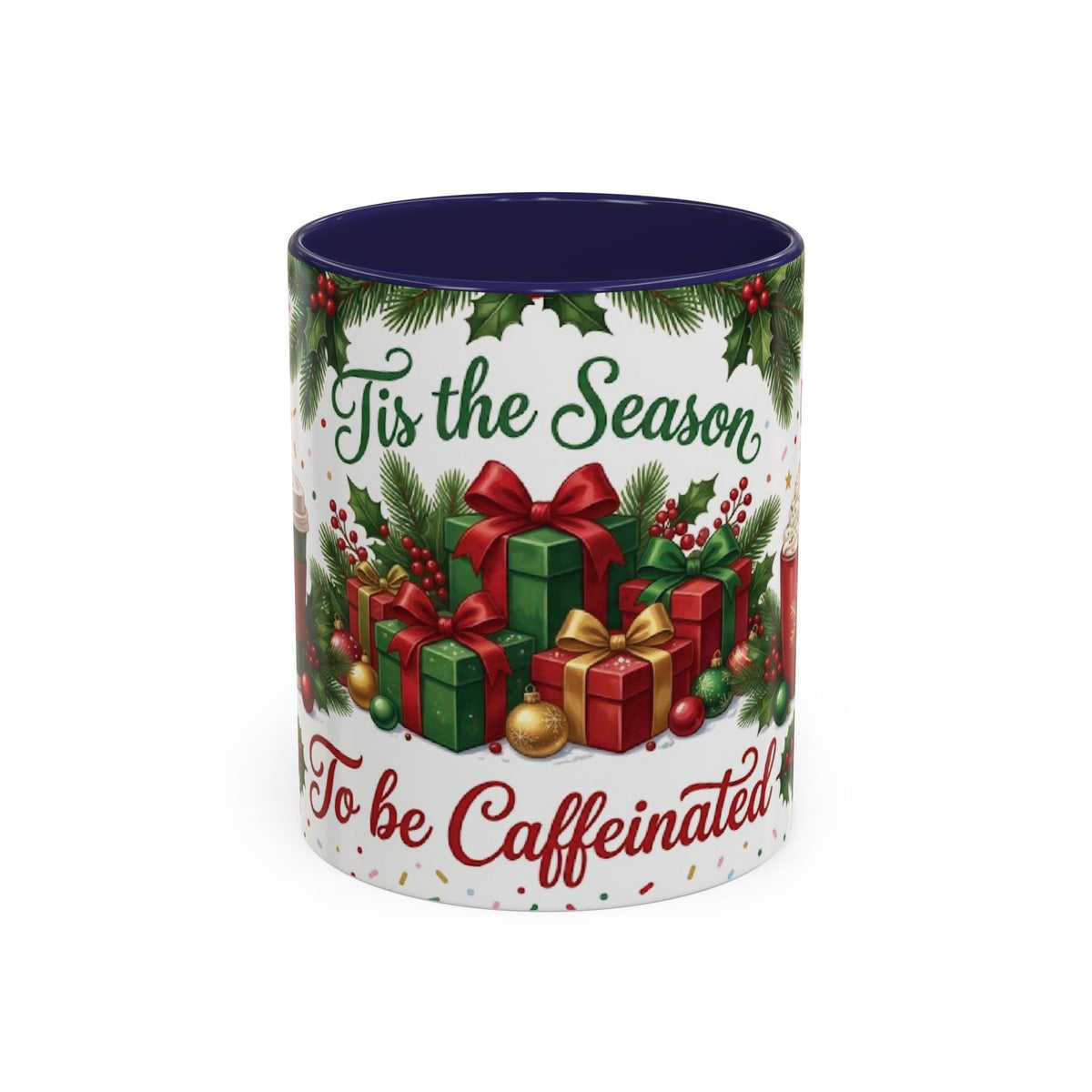 Navy personalized Tis the Season to Be Caffeinated mug, 11oz, front view