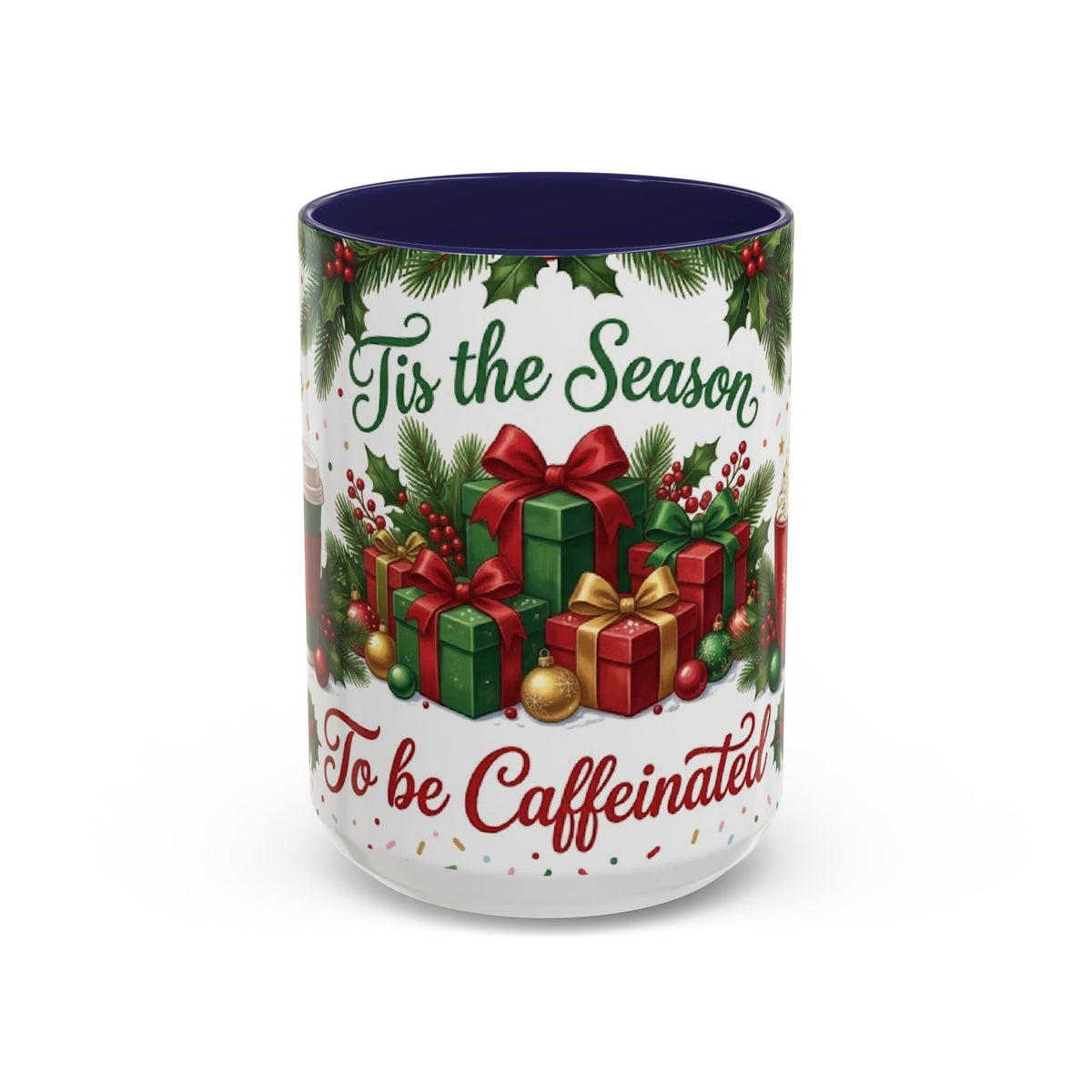 Navy personalized Tis the Season to Be Caffeinated mug, 15oz, front view