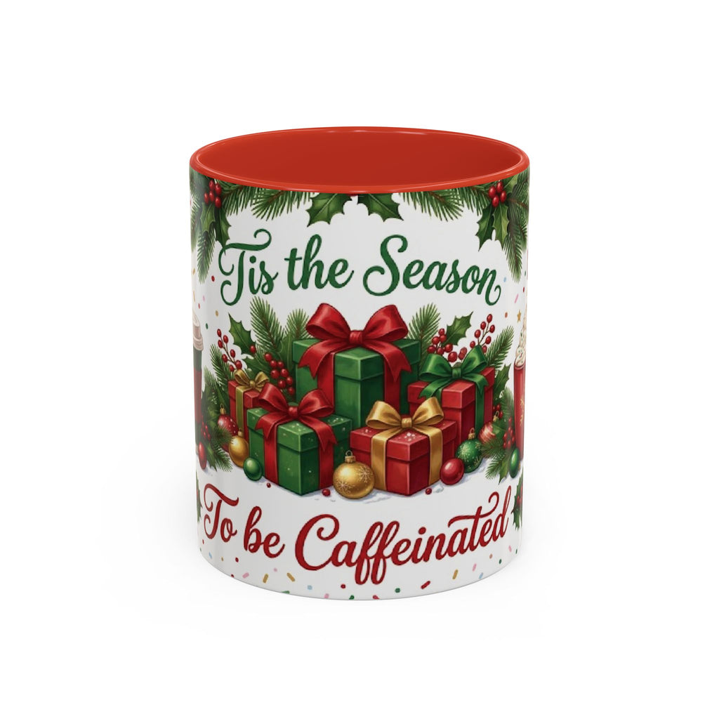 Red personalized Tis the Season to Be Caffeinated mug, 11oz, front view
