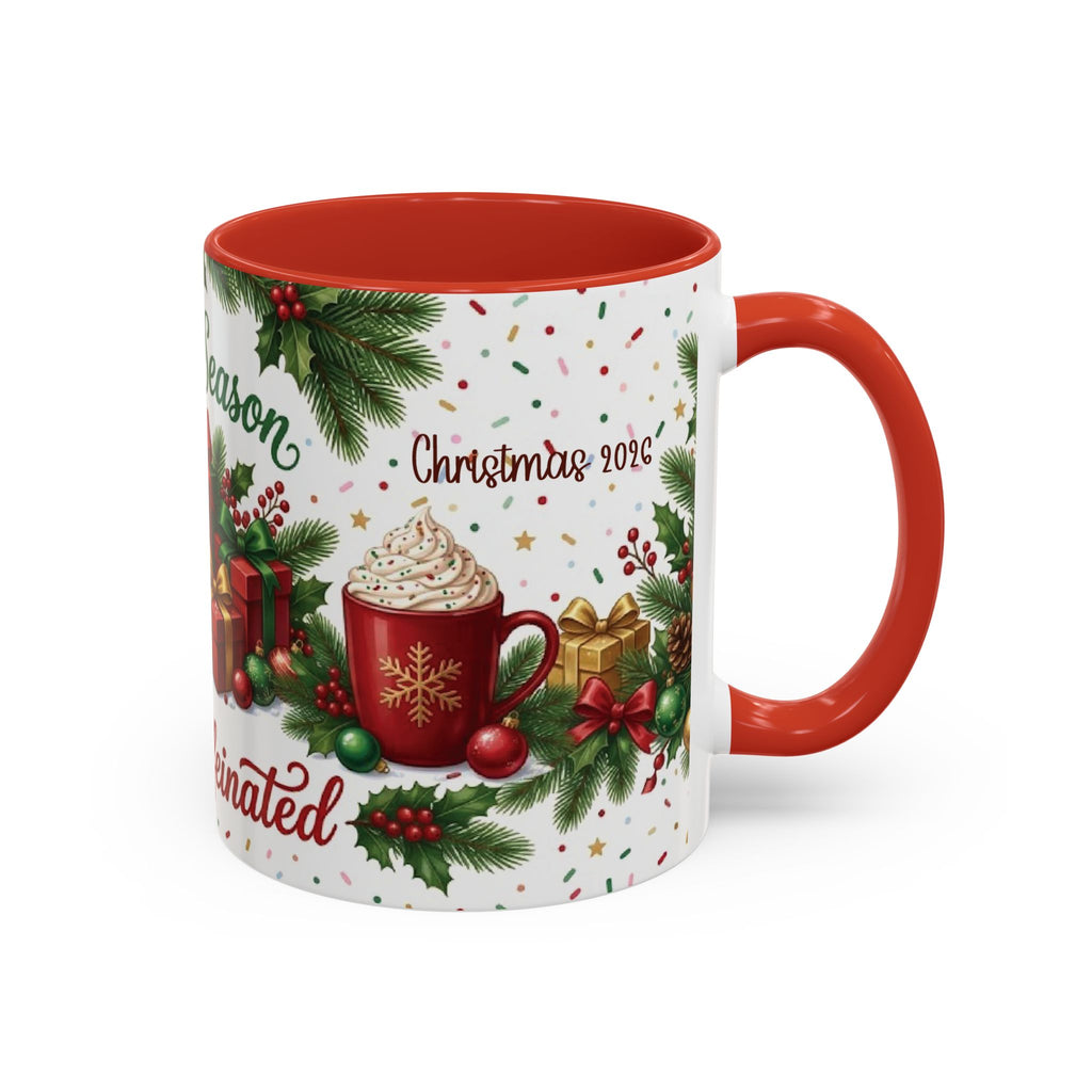 Red personalized Tis the Season to Be Caffeinated mug, 11oz, side view with handle on the right